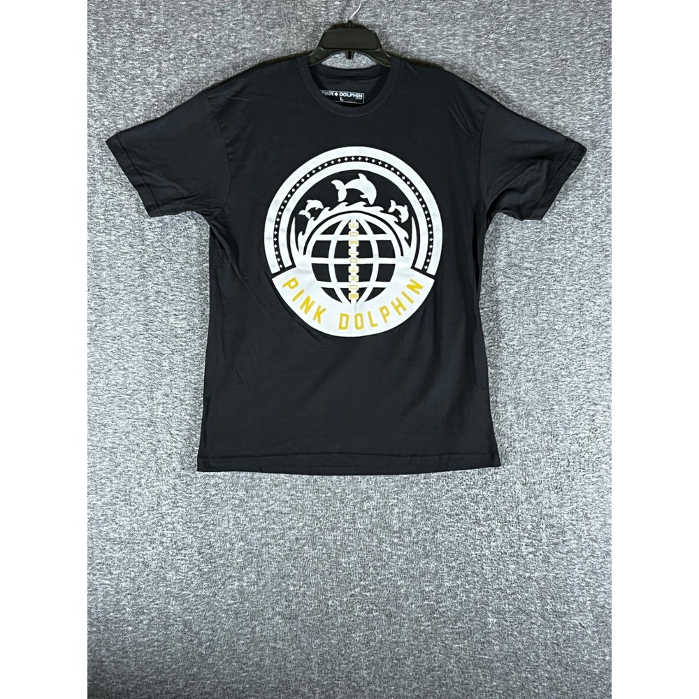 Pink Dolphin Mens Black Graphic T-Shirt Globe Dolphin Logo Streetwear Size‎ L